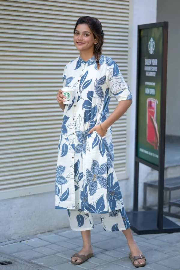 White_And_Blue_Floral_Cotton_A-Line_Kurti_With_Ankle-Length_Palazzo_Pant_Co-Ord_Set_for_Women