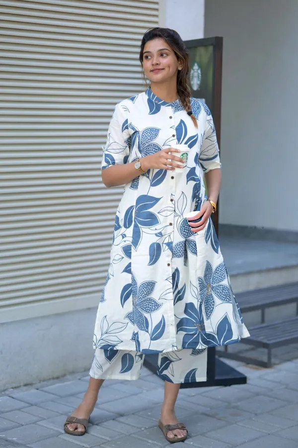 White_And_Blue_Floral_Cotton_A-Line_Kurti_With_Ankle-Length_Palazzo_Pant_Co-Ord_Set_for_Women