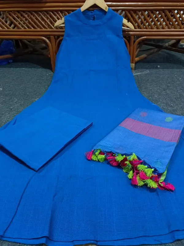 Blue_Cotton_A-Line_Kurta_With_Pant_&_Linen_Weaved_Dupatta_Set