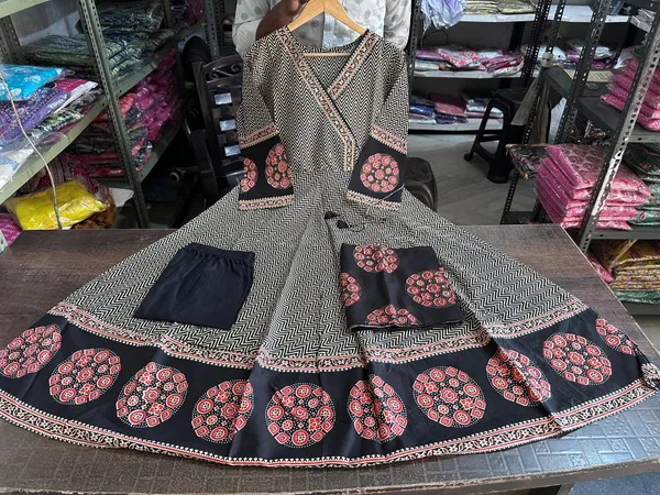 Black_Cotton_Anarkali_Kurta_With_Pant_&_Dupatta_Set