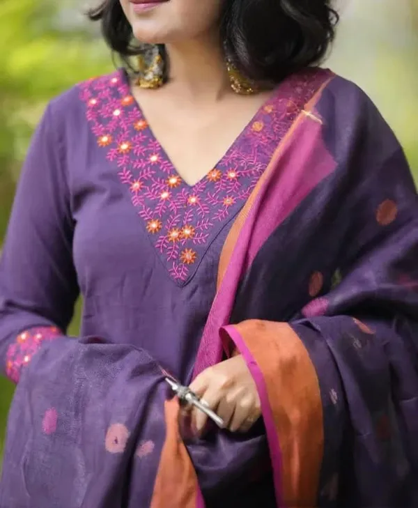 Purple_Cotton_Embroidered_Kurta_With_Pant_&_Linen_Dupatta_Set