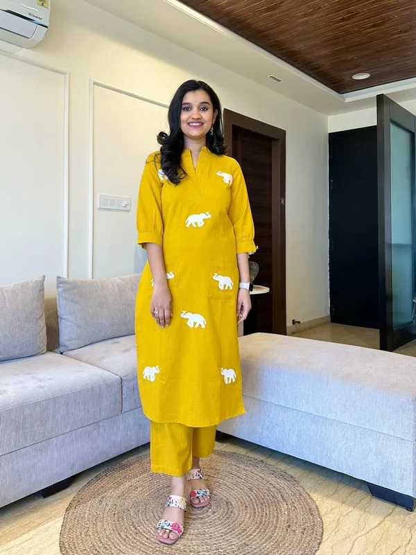 Yellow_Cotton_Embroidered_Kurta_&_Pant_Set