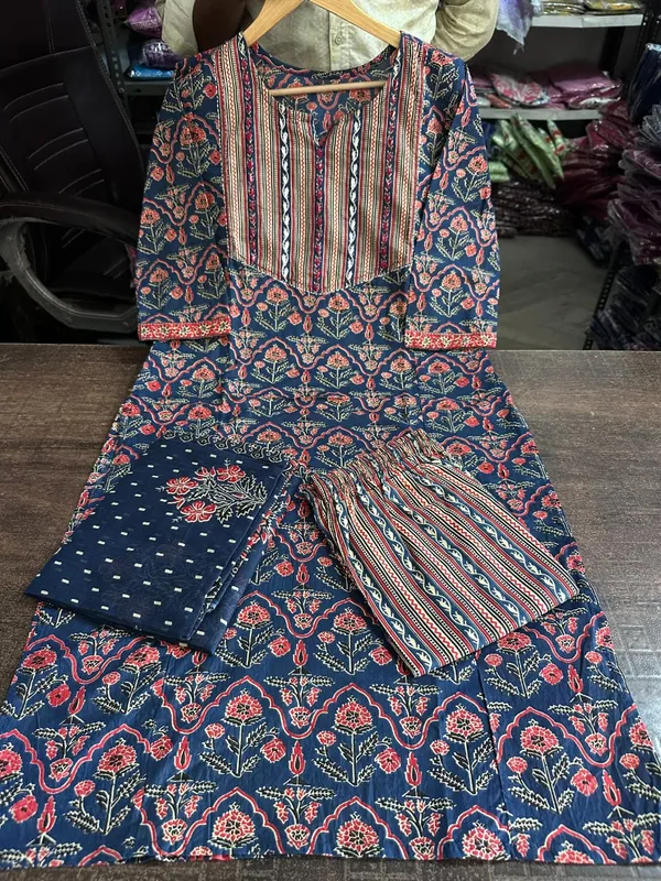 Blue_Cotton_Kurta_With_Pant_&_Dupatta_Set