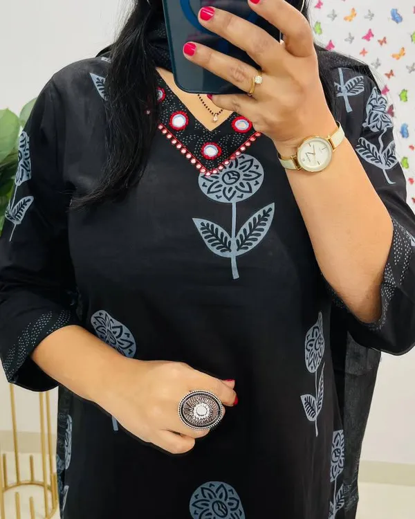 Black_Cotton_Kurta_With_Pant_&_Dupatta_Set