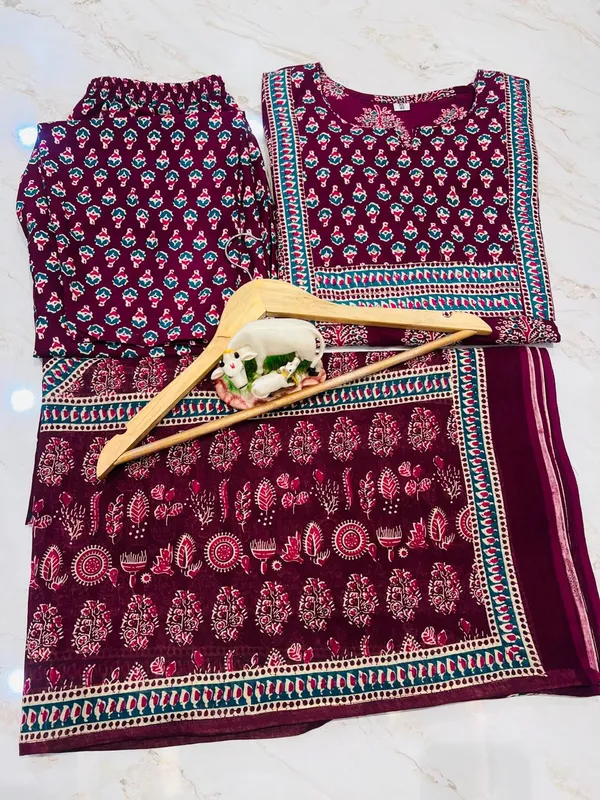 Wine_Cotton_Printed_Kurta_With_Pant_&_Dupatta_Set