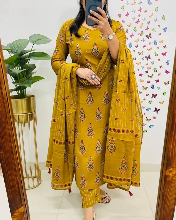 Yellow_Cotton_Printed_Kurta_With_Pant_&_Dupatta_Set