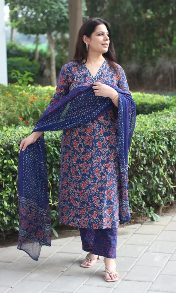 Dark_Blue_Cotton_Printed_Kurta_With_Pant_&_Dupatta_Set