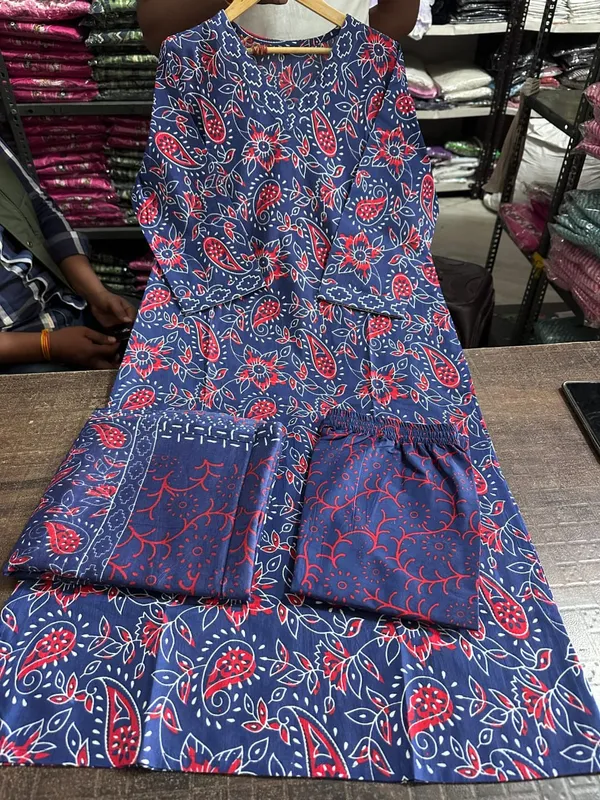 Dark_Blue_Cotton_Printed_Kurta_With_Pant_&_Dupatta_Set