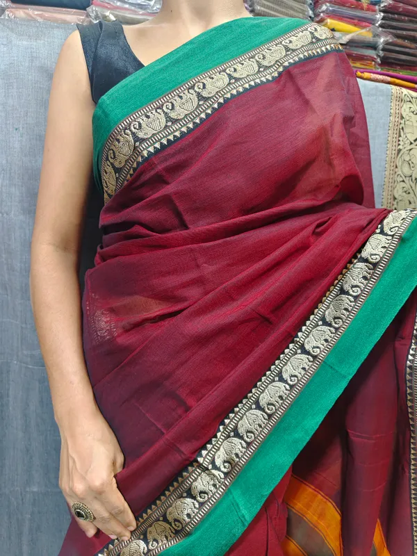 Maroon_Elephant_Border_Narayanpet_Pure_cotton_saree