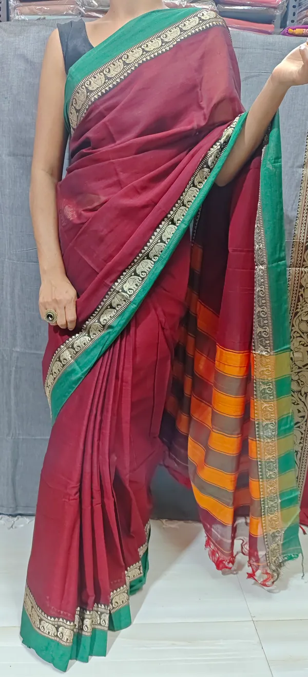 Maroon_Elephant_Border_Narayanpet_Pure_cotton_saree