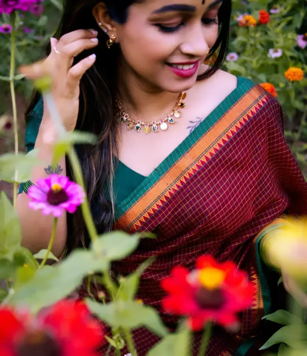 Maroon_Ashwini_Checked_Pattern_Narayanpet_Pure_Cotton_saree