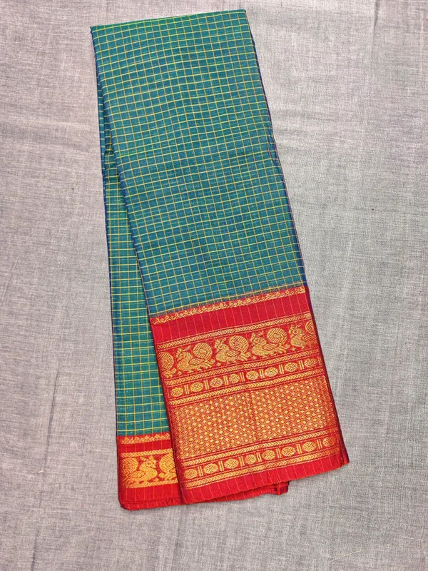 Rama_Green_Checked_Pattern_peacock_Narayanpet_Pure_Cotton_saree_with_Running_blouse_piece