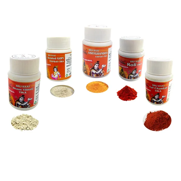 5pc_Powder_Tilak_Set,_Lal_|_Gopi_|_Astghandha_Chandan_|_Bhasm_Vibhut_Tika_|_Roli_Tika