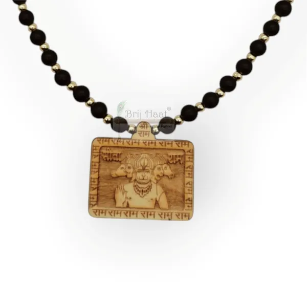 Wooden_Carving_Five_Face_Hanuman_pendant_with_Black_crystal_chain_(5F.H.Bcry)