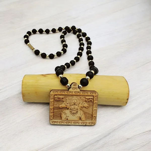 Wooden_Carving_Five_Face_Hanuman_pendant_with_Black_crystal_chain_(5F.H.Bcry)