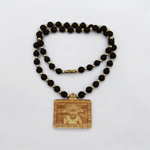 Wooden_Carving_Five_Face_Hanuman_pendant_with_Black_crystal_chain_(5F.H.Bcry)