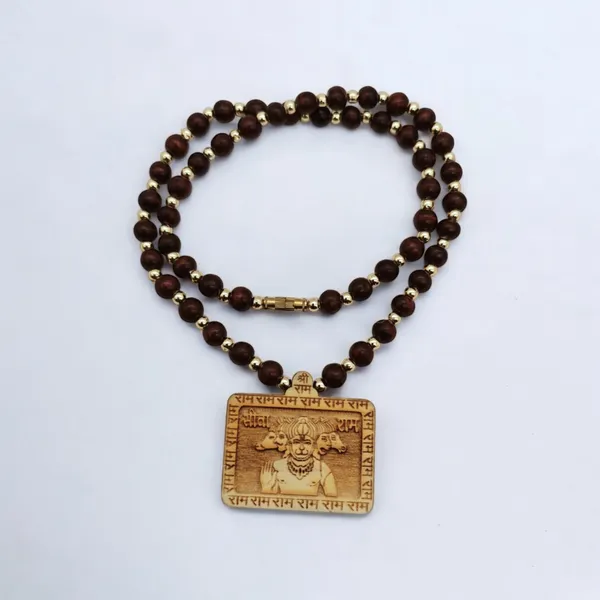 Wooden_Carving_Five_Face_Hanuman_ji_pendant_with_Lal_Chandan_chain_(5F.H.Lal.Chn)