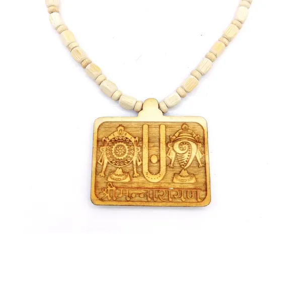 Wooden_carving_Shrimannarayan_Shankh_Chakra_Pendant_with_Tulsi_kanthi_Mala_(Tiru.balaji.W1)