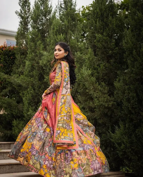 Kalamkari_Print_With_Hand_Work_Pink_&_Yellow_Fully_Stitched_Printed_Lehenga_Choli