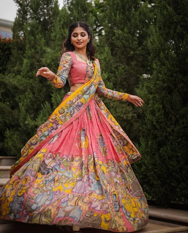 Kalamkari_Print_With_Hand_Work_Pink_&_Yellow_Fully_Stitched_Printed_Lehenga_Choli