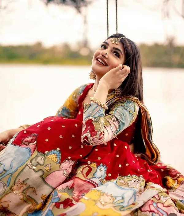 Red Poly Kalamkari Printed Chanderi Lehenga Choli main image 1