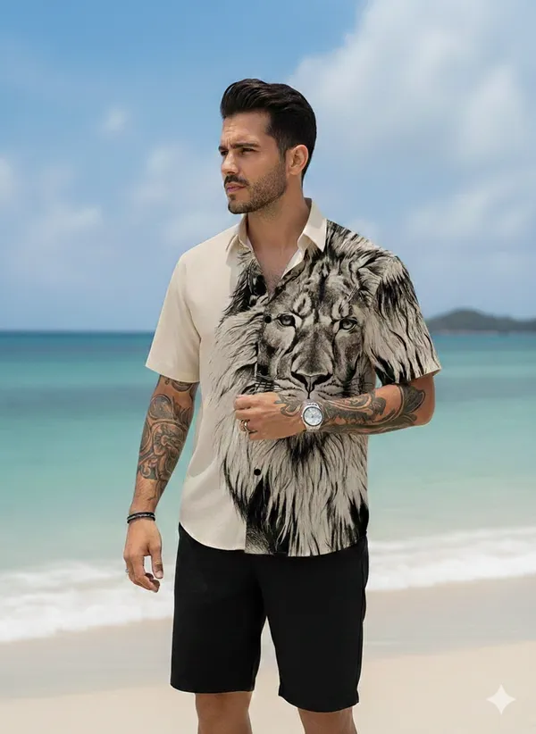 Men_Lion_Printed_Shirt_With_Short_Cord_set_For_Beach_Wear_And_Night_Wear