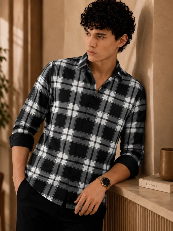 Men�s_Black_&_White_Checkered_Full_Sleeve_Casual_Shirt_|_Stylish_Plaid_Pattern_Shirt_for_Men