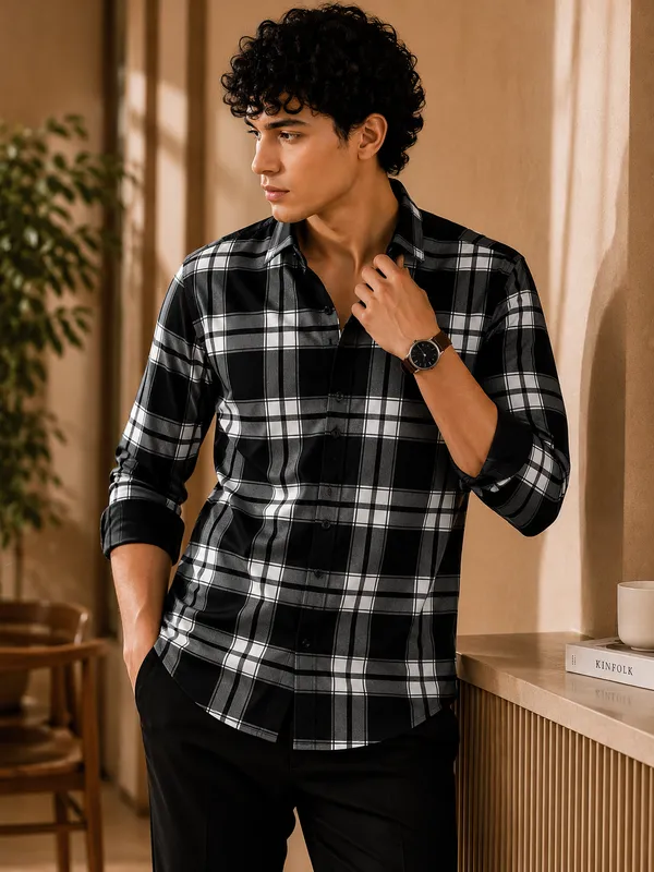 Men�s_Black_&_White_Checkered_Full_Sleeve_Casual_Shirt_|_Stylish_Plaid_Pattern_Shirt_for_Men