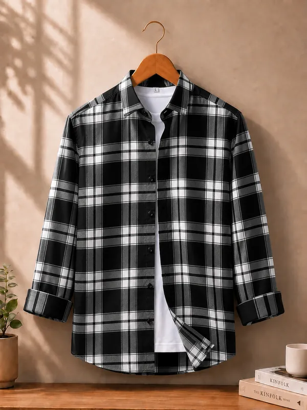 Men�s_Black_&_White_Checkered_Full_Sleeve_Casual_Shirt_|_Stylish_Plaid_Pattern_Shirt_for_Men
