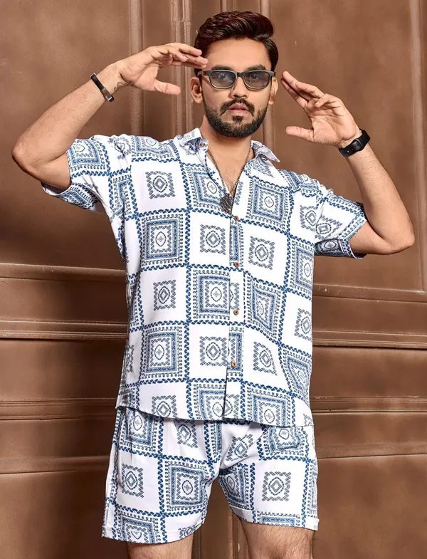 White_Printed_Shirt_With_Shorts_Co-Ords