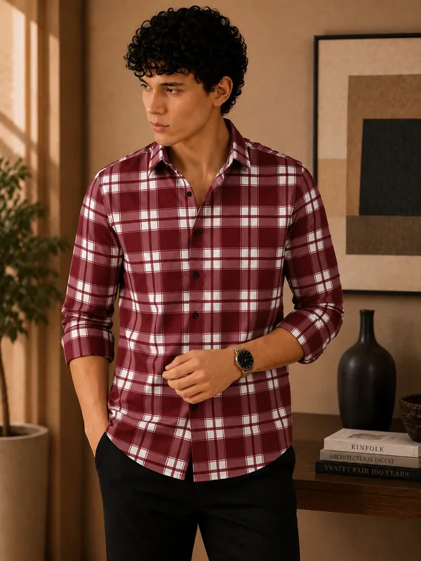 Men�s_Maroon_&_White_Checkered_Full_Sleeve_Shirt_|_Stylish_Plaid_Casual_Shirt_for_Men