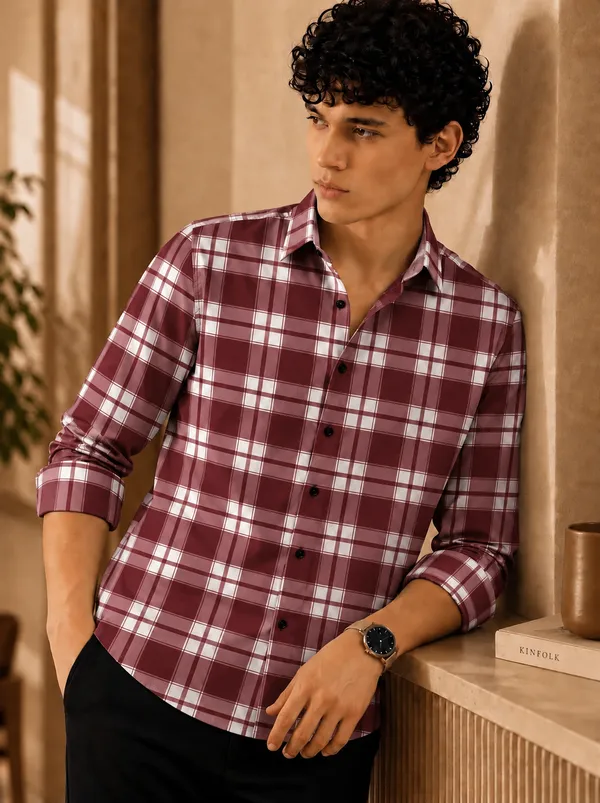Men�s_Maroon_&_White_Checkered_Full_Sleeve_Shirt_|_Stylish_Plaid_Casual_Shirt_for_Men