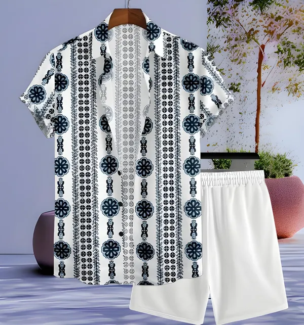 White_Floral_Print_Top_&_Bottom_Set_For_Men