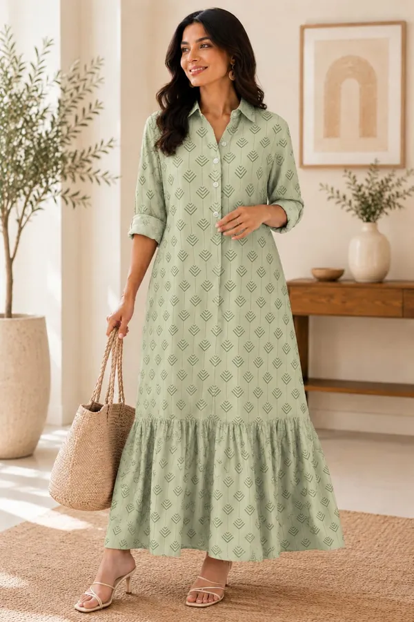 Green_Flared_Printed_Long_Dress_For_Women