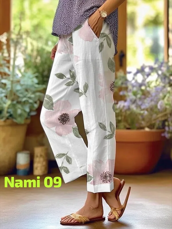 White_Floral_Print_Cotton_Pants_For_Women