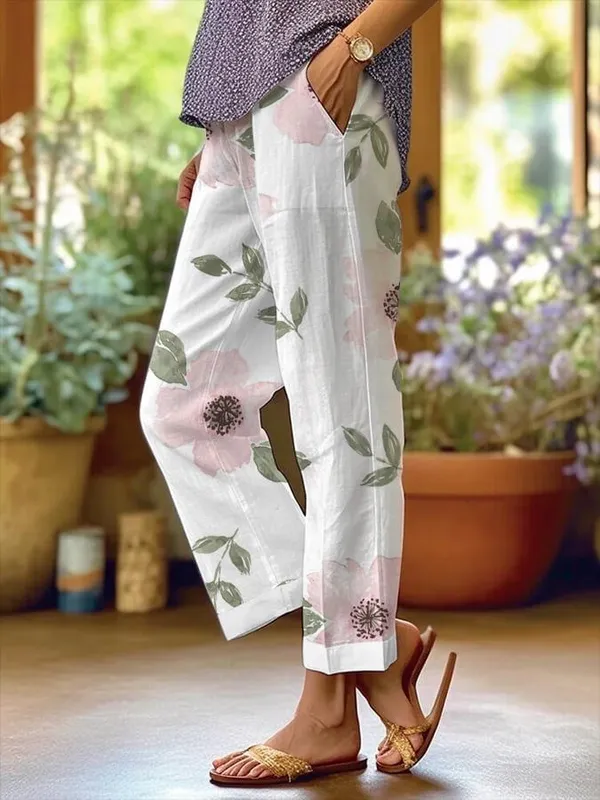 White_Floral_Print_Cotton_Pants_For_Women
