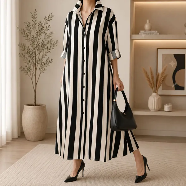 Black_Stripes_Long_Shirt_Dress_For_Women