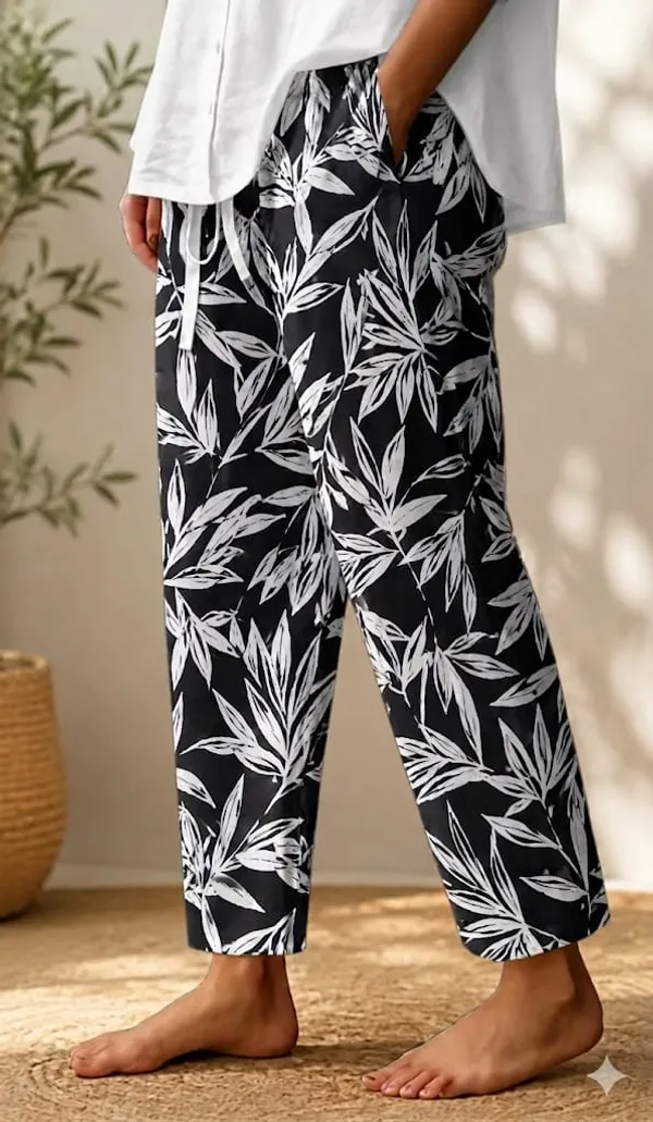 Black_Leaf_Print_Cotton_Pants_For_Women
