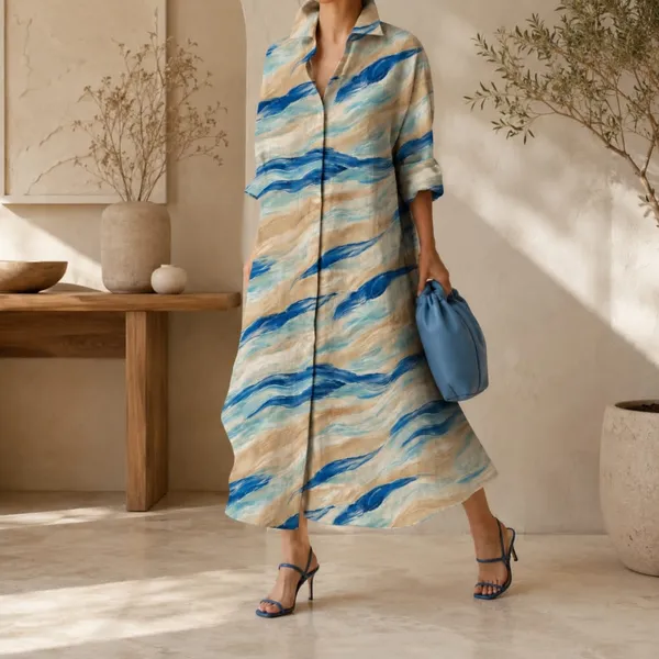 Blue_And_Beige_Abstract_Long_Shirt_Dress_For_Women