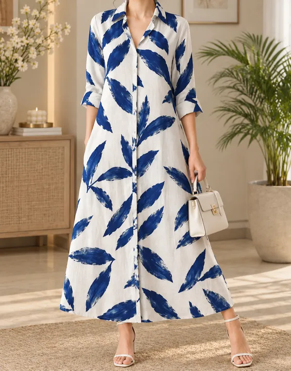 Blue_Botanical_Long_Shirt_Dress_For_Women