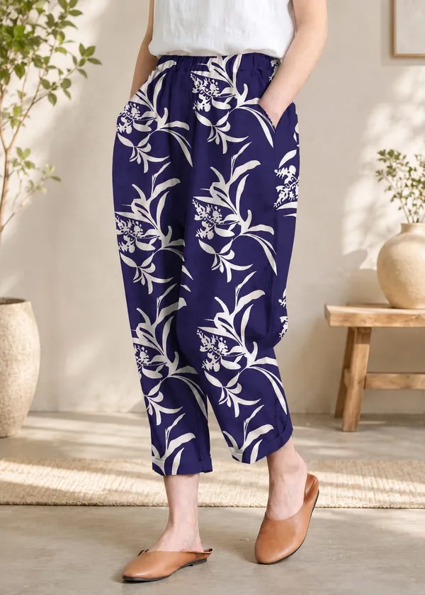 Navy_Blue_Leaf_Print_Cotton_Pants_For_Women