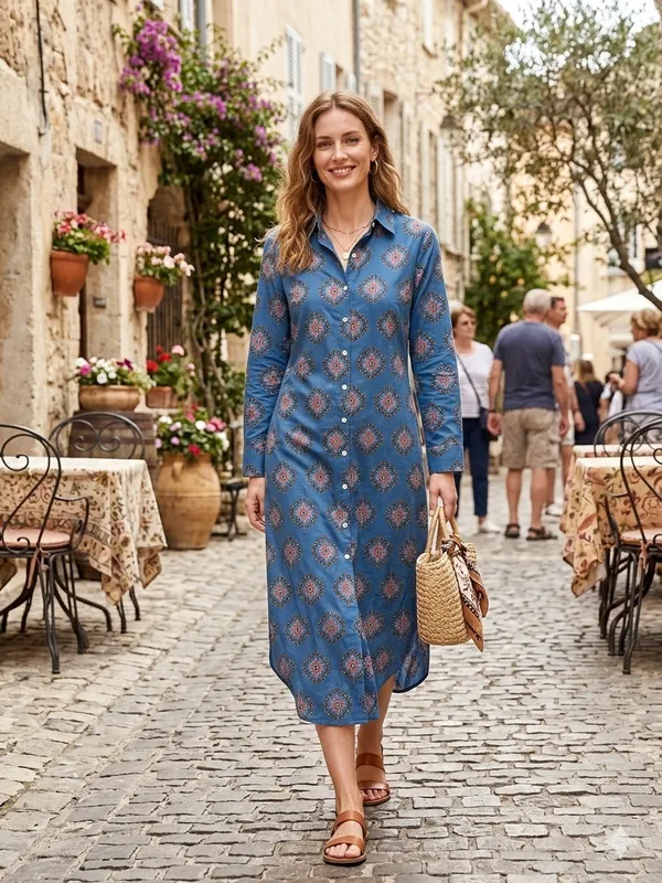 Blue_Cotton_Blend_Printed_Shirt_Dress_For_Women