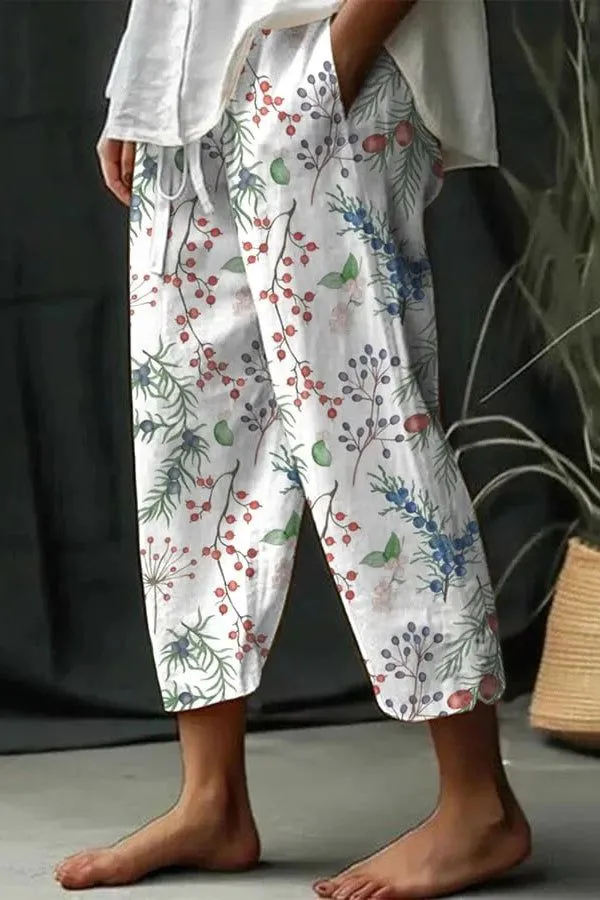 White_Line_Print_Cotton_Pants_For_Women_