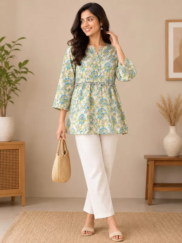 Cream_And_Green_Cotton_Short_Top_For_Women