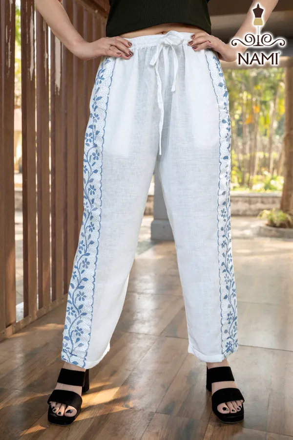 White_&_Blue_Floral_Print_Cotton_Pants_For_Women