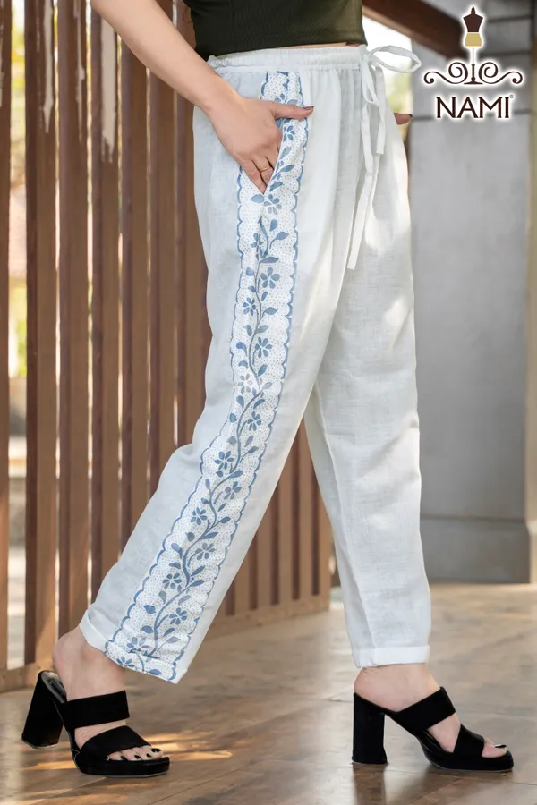 White_&_Blue_Floral_Print_Cotton_Pants_For_Women
