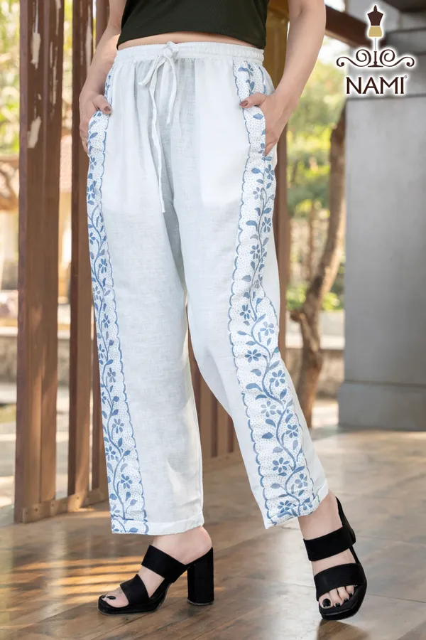 White_&_Blue_Floral_Print_Cotton_Pants_For_Women
