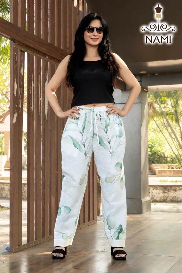 White_Floral_Print_Cotton_Pants_For_Women