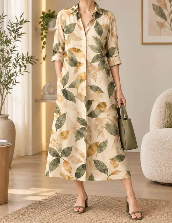 Green_And_Beige_Botanical_Long_Shirt_Dress_For_Women