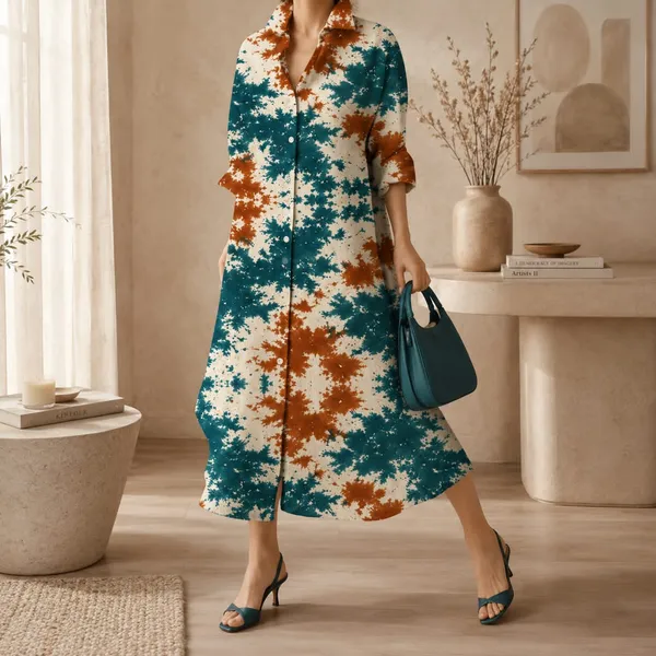 Green_And_Orange_Tie_-_dye_Long_Shirt_Dress_For_Women